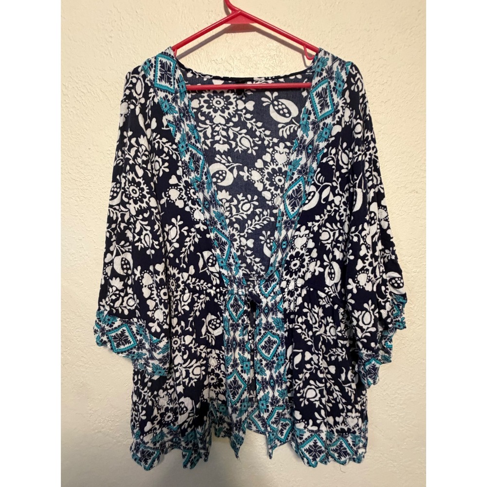 Lane Bryant Navy Blue Floral Kimono Tie Front Cardigan Plus Size 22/24 Boho